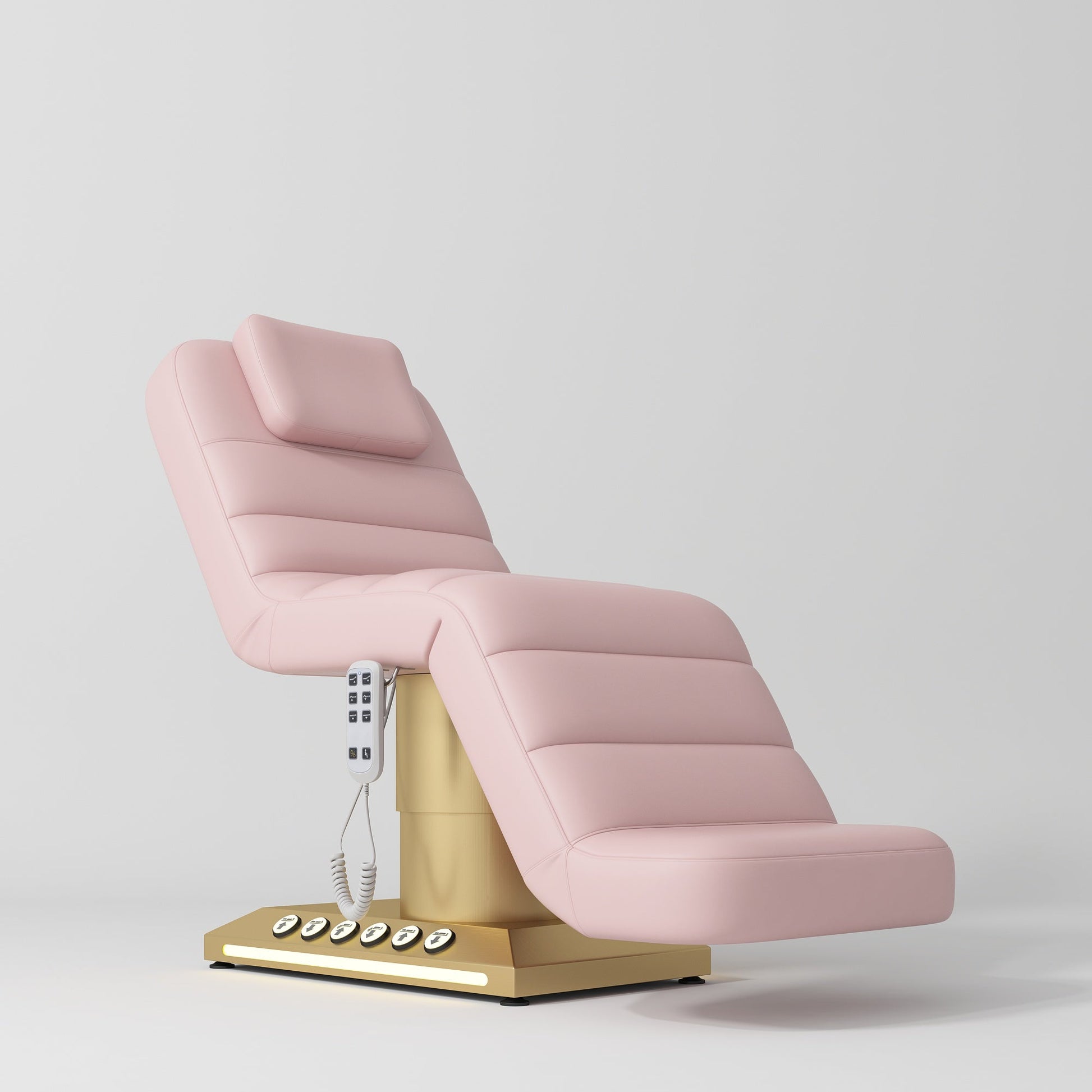 Pink massage chair with gold base on a light gray background